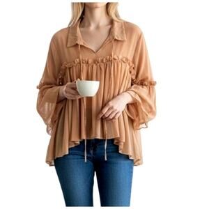 Ellie & Kate Women's Small Light Pink Sheer Long Sleeve Tasseled Collar Blouse